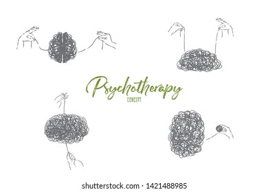 Hands unravel tangle, puzzle solution, problem solving, mental problem, psychiatry banner. Psychotherapy session metaphor, profession concept sketch. Hand drawn vector illustration