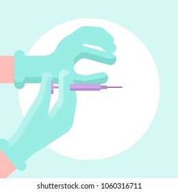 Hands of unrecognizable medic in rubber gloves holding the syringe and ready to do an injection colorful flat carton vector concept medical illustration.