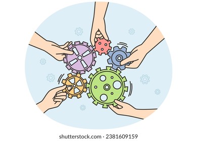 Hands of unrecognizable people hold gears in single design, construction. Teamwork, togetherness, support, brainstorm symbol, concept. Vector outline colorful illustration isolated on blue background.