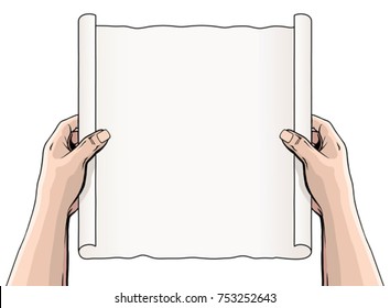 Hands Unrolling a Document or Scroll is an illustration of someone holding an unrolled scroll or document. The scroll is blank so that you can add your own text or message