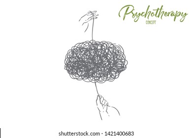 Hands untangling knot, pulling rope, psychotherapy, psychologist profession metaphor, confusion, problem solution. Puzzle solving, tangle unraveling concept sketch. Hand drawn vector illustration