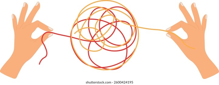 Hands Untangling a Messy Ball of Threads Symbolizing Complexity