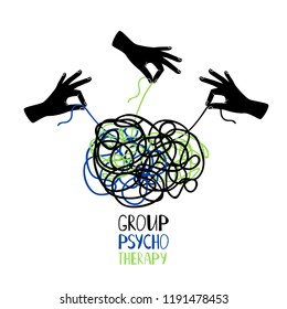 Hands untangling snarl knot, group psychotherapy vector concept illustration