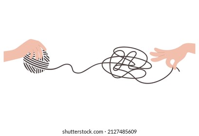 Hands untangling tangle with tangled thread.  Illustration of idea of curve, thought process and multitude of solutions