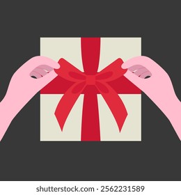 Hands untie a bow from the white ribbon on the red gift box. Celebration concept. Vector illustration isolated on white background.