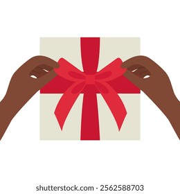 Hands untie a bow from the white ribbon on the red gift box