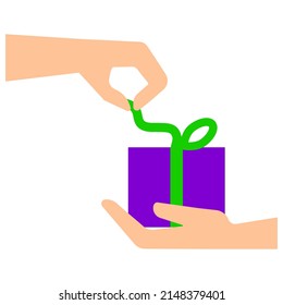 Hands untie the gift. Flat card with gift in hand. Open surprise sale. Birthday concept. Vector illustration. stock image. 