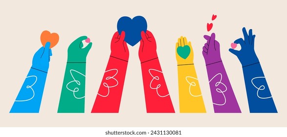 Hands up. Concept of charity and donation. Give and share your love to people. Colorful vector illustration
