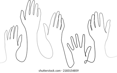 Hands Up. Line Drawing Black And White Illustration With Hands. Vote, Choose, Help. Community, Charity, Volunteer. Continuous Line Art. Trendy Isolated Print Design. Vector.