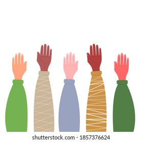 Hands up. Many hands of people of different races and nations are raised up, isolated on a white background. Concept: voting, choice, volunteering, unanimity, opinion, ask a question.