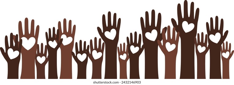 Hands up. Multicultural people of different skin tones and colors. Stop racism. Black lives matters. Demonstration, revolution