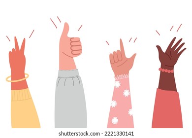 Hands up, people cheering together, approving. Concept of success and support. Happy team. Vector flat illustration isolated on white background. 