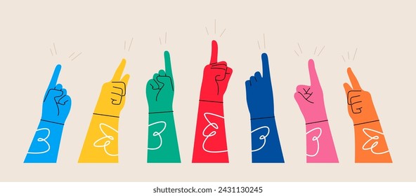 Hands up, pointing finger. Colorful vector illustration
