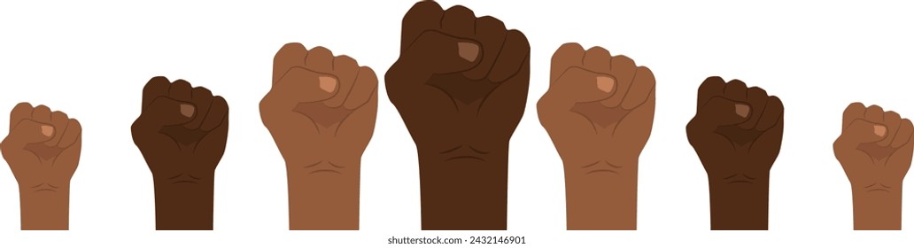 Hände hoch. Erhabene Fäuste von multikulturellen Menschen mit verschiedenen Hauttönen und Farben. Schluss mit Rassismus! Black Lives zählt. Demonstration, Revolution