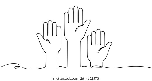 Hands up, raised up volunteering, audiences and teamwork continuous one line drawing. Graphic illustration, Hands Raised Continuous Line Icon for Volunteer, Togetherness topics, Human hands reaching