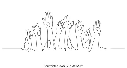 hands up, raised up volunteering,audiences and teamwork continuous line drawing vector illustration