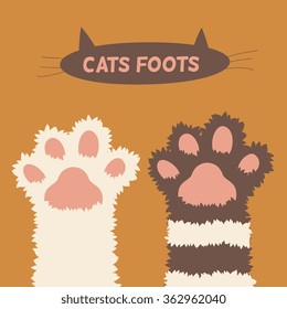 hands up, stripes white cats foots. isolated on orange background, simple cartoon flat style, vector illustration art.