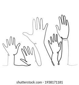 Hands up  Vector line drawing black   white illustration and hands  Vote  choose  help  Community  charity  volunteer  Line art  continuous line  Trendy isolated print design  People