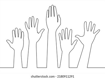 Hands up. Vector line drawing black and white illustration with hands. Vote, choose, help. Community, charity, volunteer. Line art, continuous line. Trendy isolated print design. People