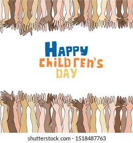 Hands up.Happy international children's day.International children.People's hands together.Hands with different skin tones