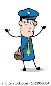 Hands Up with Upset Face - Postman Cartoon Courier Guy Vector Illustration