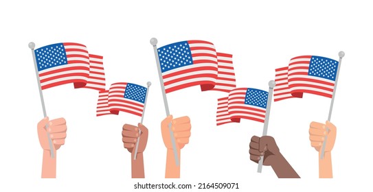 Manos con la bandera de los Estados Unidos aislada en el fondo blanco. La unidad de la diversidad de la gente. Símbolo nacional de los Estados Unidos de América. Material vectorial