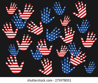 hands with USA flag pattern.