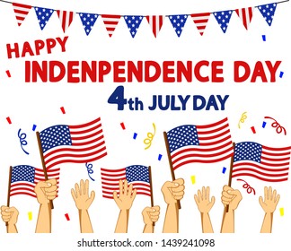 Hands with USA flags, the celebration of American independence day on July 4.