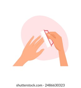 Hands use brush to clean nails and skin of fingers in manicure procedure vector illustration