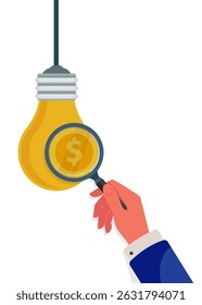 Hands use magnifying glass to make money from light bulbs. Investment insights, business concept vector illustration. stock illustration.