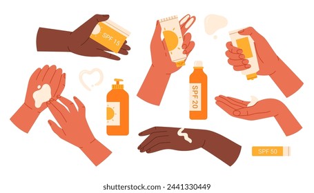 Hands use spf cream set. Sunscreen, sunblock product collection. Skin care and sun protection concept. Isolated vector illustration in cartoon style 