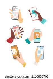 Hands of users with mobile phones set. Vector illustrations of people using smartphones. Cartoon social media, video call and messenger apps on screens of cellphones isolated on white. Network concept