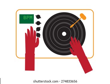 Hands uses a Mobile DJ Sound System Mixer with vinyl record. Top View style. Editable EPS10.