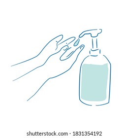 Hands using alcohol gel for cleaning; cartoon vector