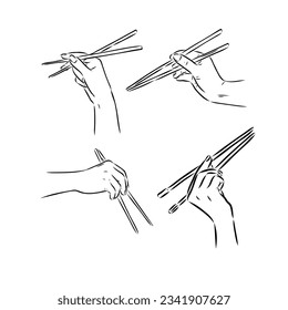 Hands using bamboo chopsticks on white background. Creative concept for food menu posters, advertising, web design. Vector illustration.