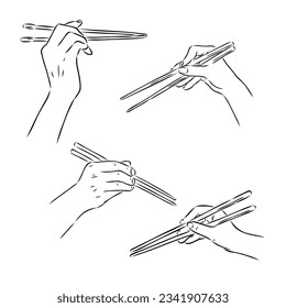 Hands using bamboo chopsticks on white background. Creative concept for food menu posters, advertising, web design. Vector illustration.