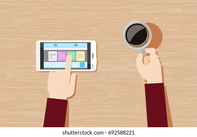Hands using cell phone. Flat vector illustration of hands using mobile phone and holding coffee. Online shopping. 