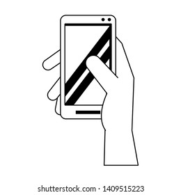 hands using cellphone icon cartoon vector illustration graphic design