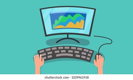 Hands using computer with graph of business marketing vector illustration. personal computer and information on screen concept