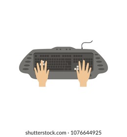 Hands using computer keyboard, people working with computer, top view vector Illustration on a white background