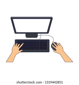 hands using computer technology blue lines