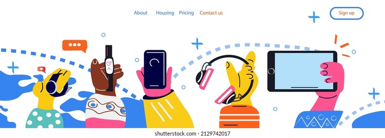 hands using different gadgets digital addiction social media communication concept horizontal