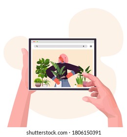 hands using digital device woman planting houseplants in pot on tablet screen horticulture concept portrait vector illustration