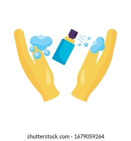 hands using disinfectant spray bottle product detaild style vector illustration