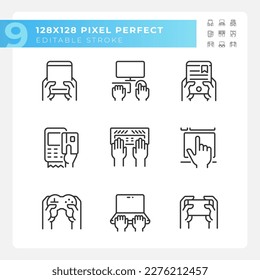 Hands using gadgets pixel perfect linear icons set. Technology of business and entertainment. Hardware user. Customizable thin line symbols. Isolated vector outline illustrations. Editable stroke