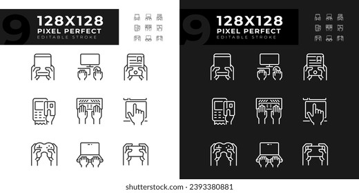 Hands using gadgets pixel perfect linear icons set for dark, light mode. Technology of business and entertainment. Thin line symbols for night, day theme. Isolated illustrations. Editable stroke
