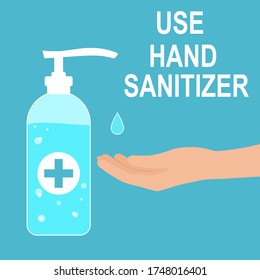 Hands using hand sanitizer gel pump dispenser or alcohol to prevent Covid-19 coronavirus. Flat style vector illustration isolated on white background. Protection concept with use hand sanitizer title.