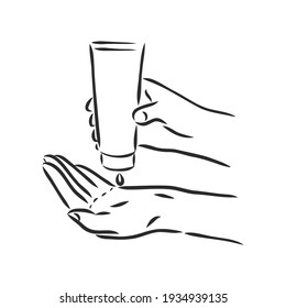 hands using hand sanitizer gel pump dispenser or alcohol to protect Covid-19 virus or coronavirus vector illustration sketch doodle hand drawn isolated on white background