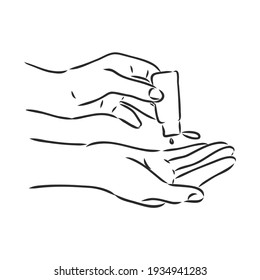 hands using hand sanitizer gel pump dispenser or alcohol to protect Covid-19 virus or coronavirus vector illustration sketch doodle hand drawn isolated on white background