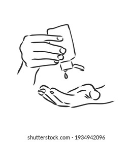 hands using hand sanitizer gel pump dispenser or alcohol to protect Covid-19 virus or coronavirus vector illustration sketch doodle hand drawn isolated on white background